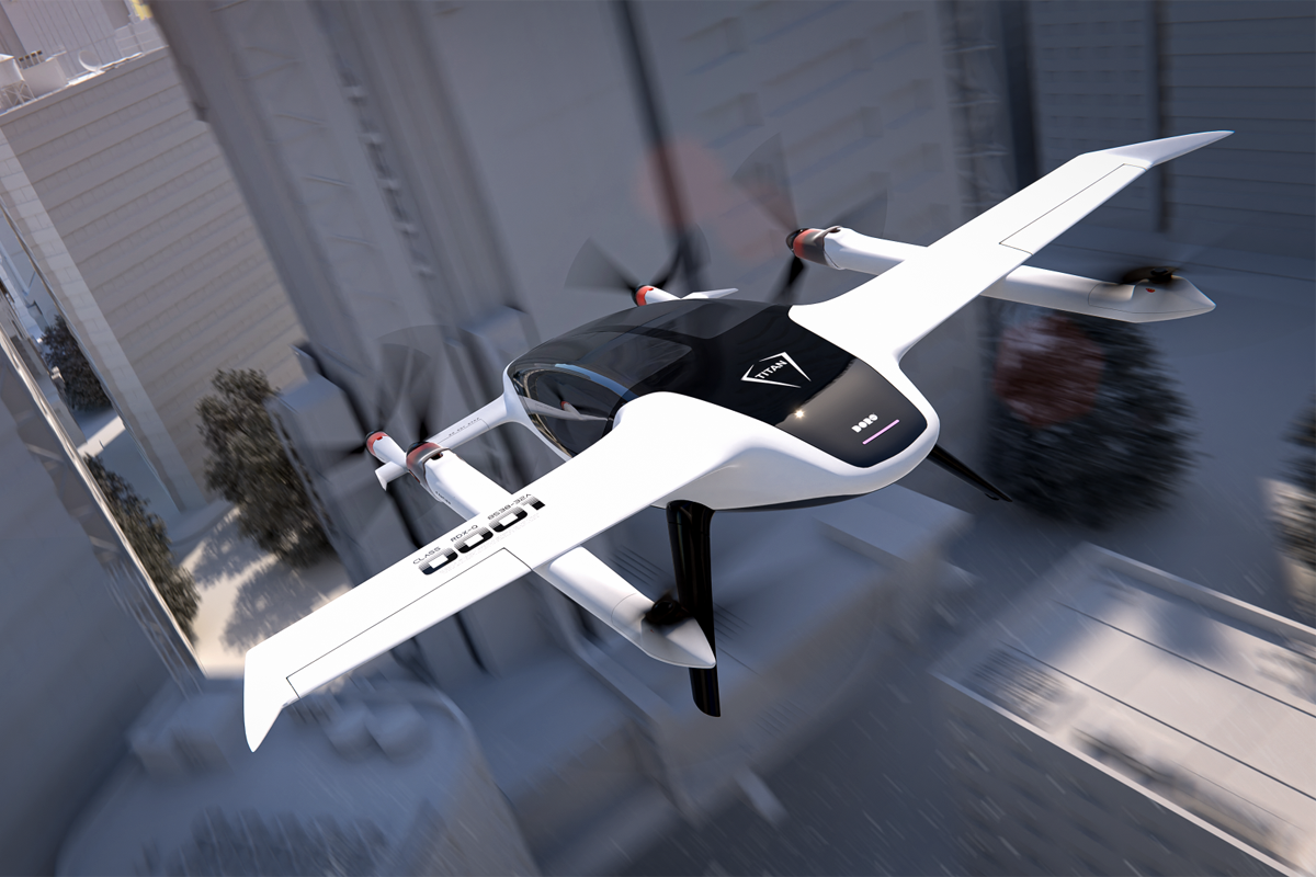 HEXI Solo flying over city, rear view (Image credit: Titan Air Mobility) HEXI Solo flying over city, rear view (Image credit: Titan Air Mobility)